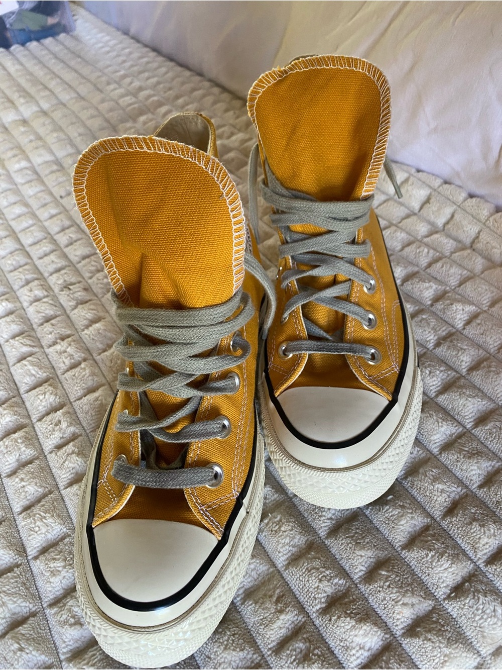 Converse High Top Sneakers in Yellow with Gray Laces - Picture 2 of 5